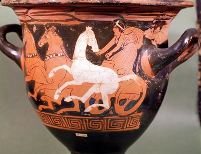 A red-figure bell krater depicting a charioteer in a quadriga at full speed, Greek, late 5th century BC by Unbekannt Unbekannt